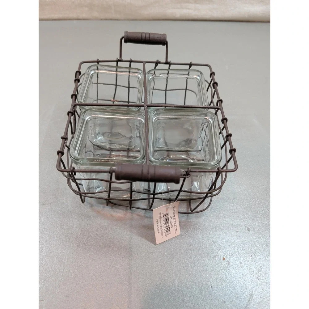 Blossom Bucket 4 Glass Jars in Wire Basket Caddy Rustic Farmhouse 171-72420